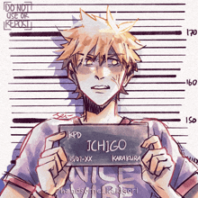 a drawing of a boy holding a sign that says ichigo