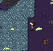 a pixel art of a person standing next to a frog in a cave