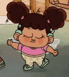 a cartoon girl with curly hair and wings is standing with her eyes closed and her arms outstretched .