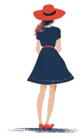 a woman wearing a red hat and a blue dress