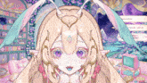 a close up of a girl 's face with purple eyes and a heart on her forehead