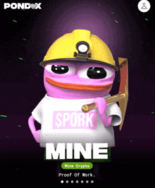 a purple cartoon character is wearing a hard hat and holding a shovel