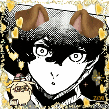 a black and white drawing of a person with a dog 's ear on their head