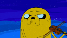 a cartoon character is playing a violin with a blue background