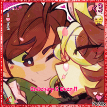 a picture of a boy and girl kissing with the words " chilchirp 5 ever " on the bottom