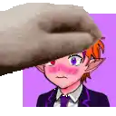 a hand is touching a cartoon character 's cheek with a purple background .