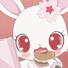 a cartoon rabbit with a flower on her head eating a hamburger