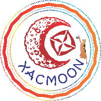 a colorful logo for xacmoon with a crescent moon and a cat reaching for a bug