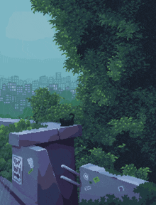 a pixel art of a cat sitting on a ledge with a sign that says ' n.p.p. '