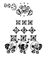 a black and white drawing of a monkey surrounded by music notes and circles