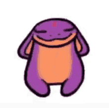 a purple and orange cartoon character is smiling with its eyes closed on a white background .