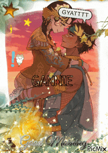 a picture of a man holding a woman with the name gannie