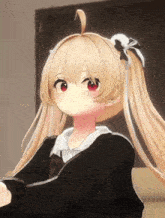 a cartoon girl with blonde hair and red eyes