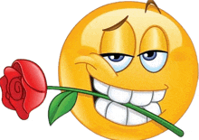 a cartoon smiley face is holding a red rose in his teeth .