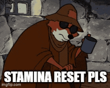 a cartoon of a fox drinking from a mug with the words stamina reset pls below him