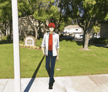 a man with red hair is walking down a sidewalk in front of a sign that says ' acacia ' on it