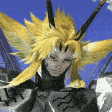 a cartoon character with yellow hair and wings is looking at the camera