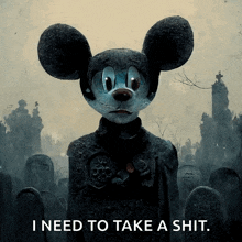 a statue of mickey mouse in a cemetery with the words " i need to take a shit "