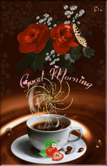 a cup of coffee is on a saucer with a strawberry and the words good morning written on it