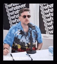 a man wearing sunglasses and a blue shirt is sitting in front of a microphone in front of a sign that says whatever