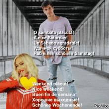 a man and a woman are standing next to each other on a bridge with a greeting in a different language