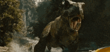 a t-rex with its mouth open is swimming in the water