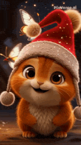 a cartoon cat wearing a santa hat with a butterfly on top