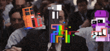 a man in a suit and tie stands in front of a crowd of people with pixelated faces on their faces