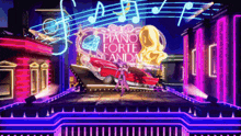 a stage with a sign that says piano forte scandal on it