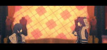 two anime characters are standing in front of a checkered wall