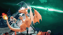 a video game character is being attacked by a dragon with the number 977 on it