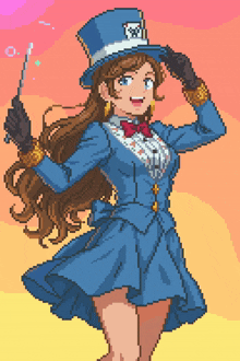 a pixel art of a woman wearing a top hat and holding a wand