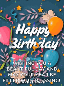 a happy birthday card with balloons and flowers