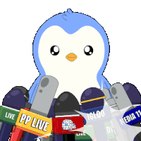 a penguin is surrounded by microphones including one that says " pp live "
