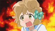 a cartoon girl with a green bow on her head looks shocked
