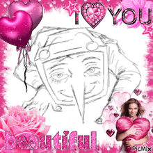 a drawing of a man with a long nose is surrounded by pink hearts and the words " i love you "