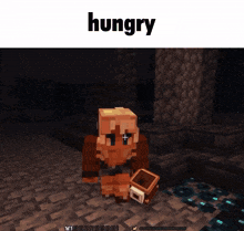 a hungry minecraft character is holding a box