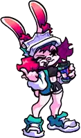 a cartoon character with bunny ears is holding a can of soda and a microphone .