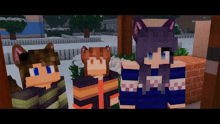 three minecraft characters standing next to each other in front of a door