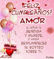 a pink birthday card with a cake and balloons says feliz cumpleanos amor