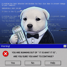 a white dog in a tuxedo holding a can of monster energy drink