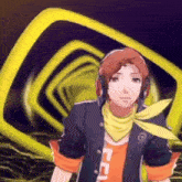 a cartoon character with headphones and a scarf around his neck has a yellow circle in the background
