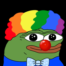 a green frog with a red nose and a rainbow wig