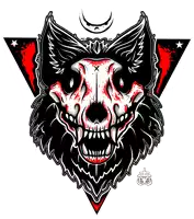an illustration of a wolf 's head with a bloody skull