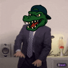 a man in a suit and tie has a crocodile head on his face