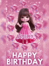 a happy birthday card with a doll in a pink dress surrounded by roses .