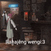 a cartoon girl with pink hair is dancing in front of a sign that says rahajeng wengi : 3