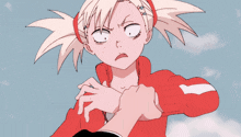 a cartoon girl with pigtails and a red jacket is making a funny face