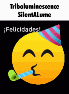 a yellow smiley face wearing a party hat and blowing a party horn