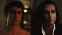 a shirtless man and a man in a suit are shown